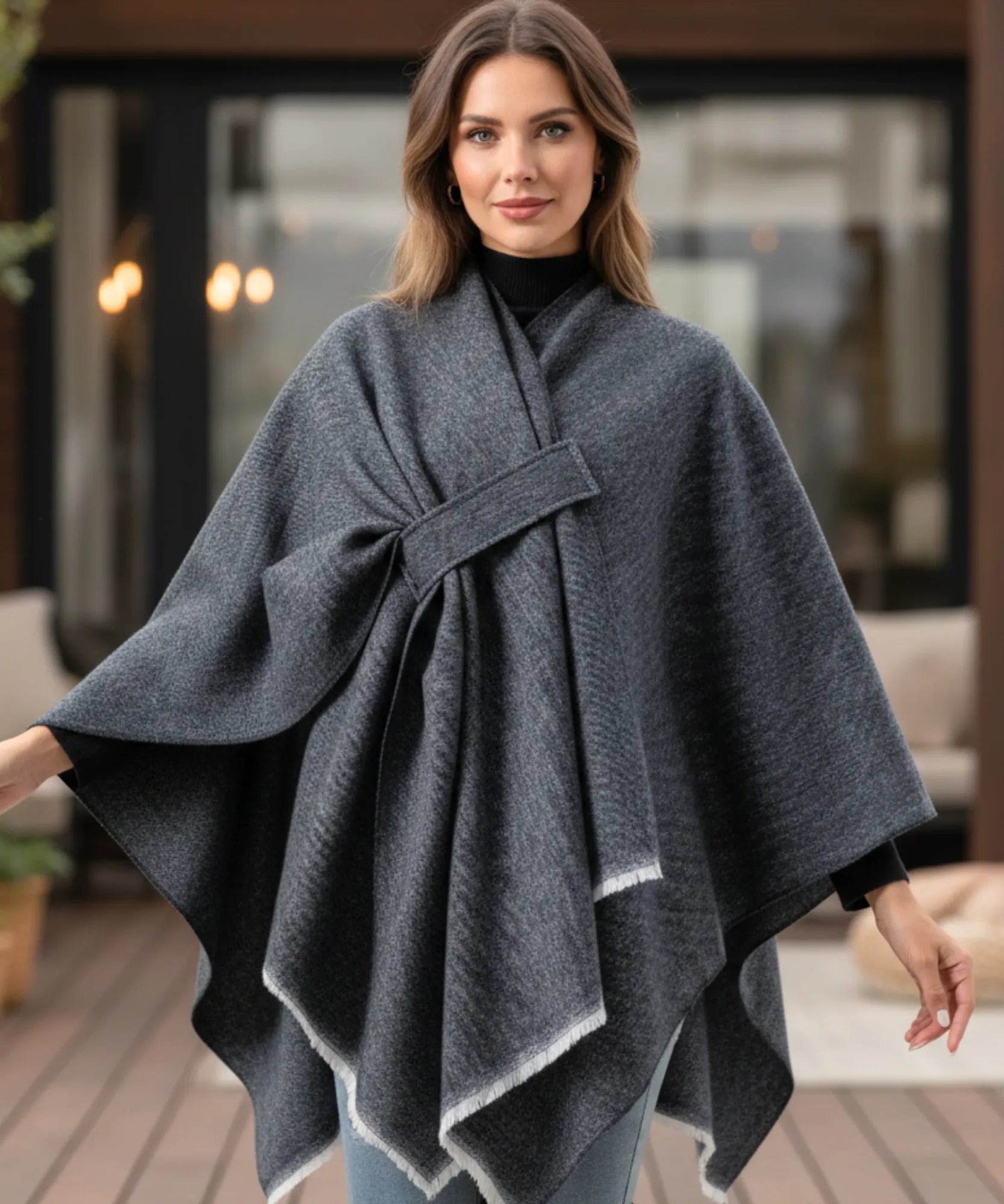 Women's charcoal grey convertible shawl poncho, detail view
