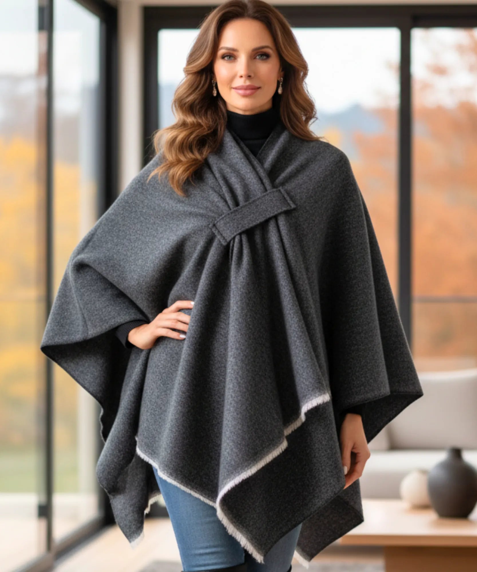 Women's charcoal grey convertible shawl poncho, front view