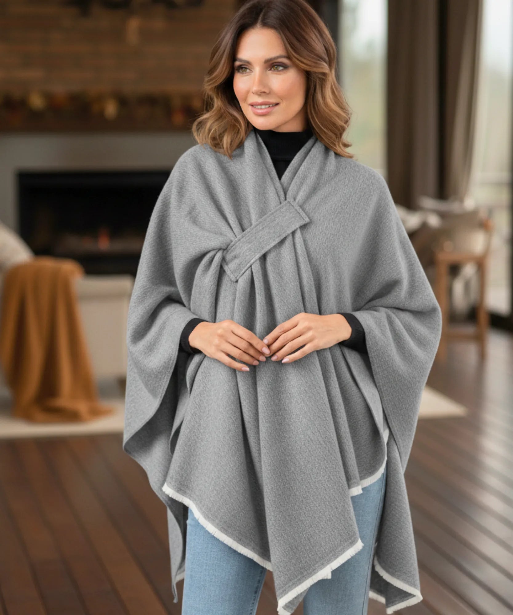 Women's charcoal grey convertible shawl poncho, styled look