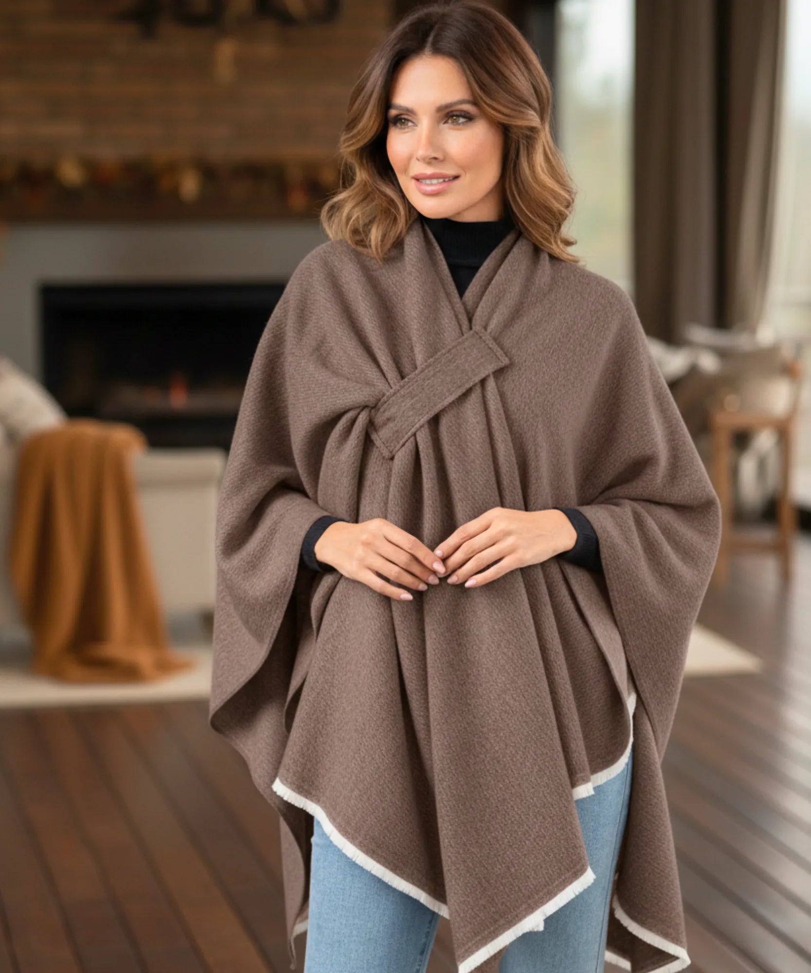 Women's taupe convertible shawl poncho, front view