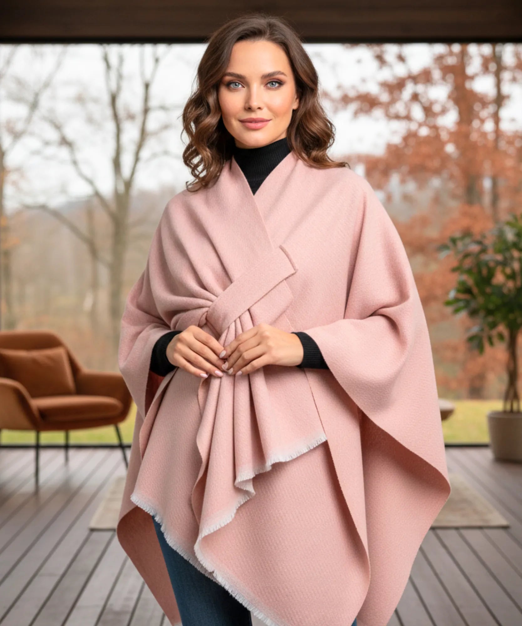 Women's blush pink convertible shawl poncho, back view
