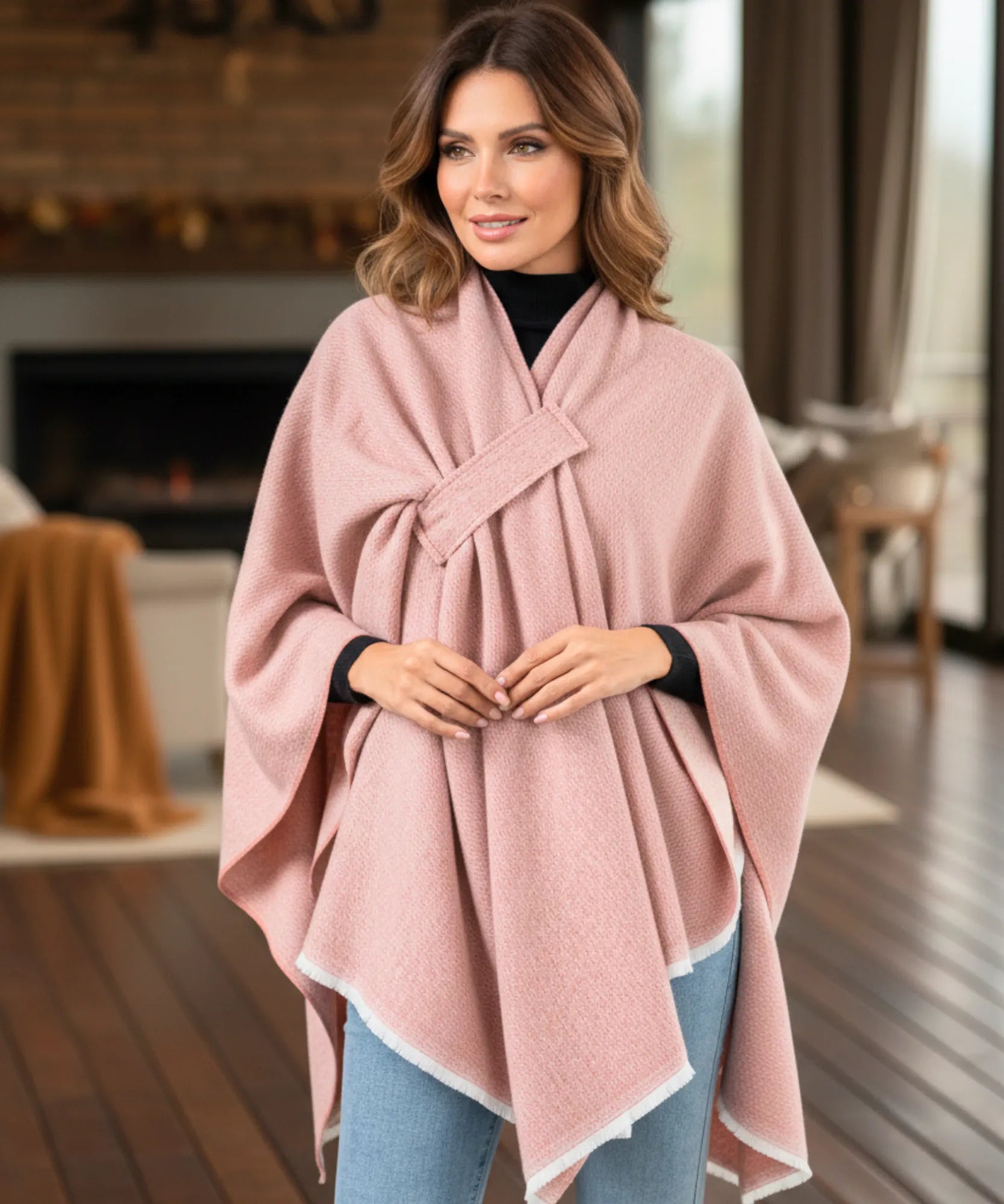 Women's blush pink convertible shawl poncho, styled look