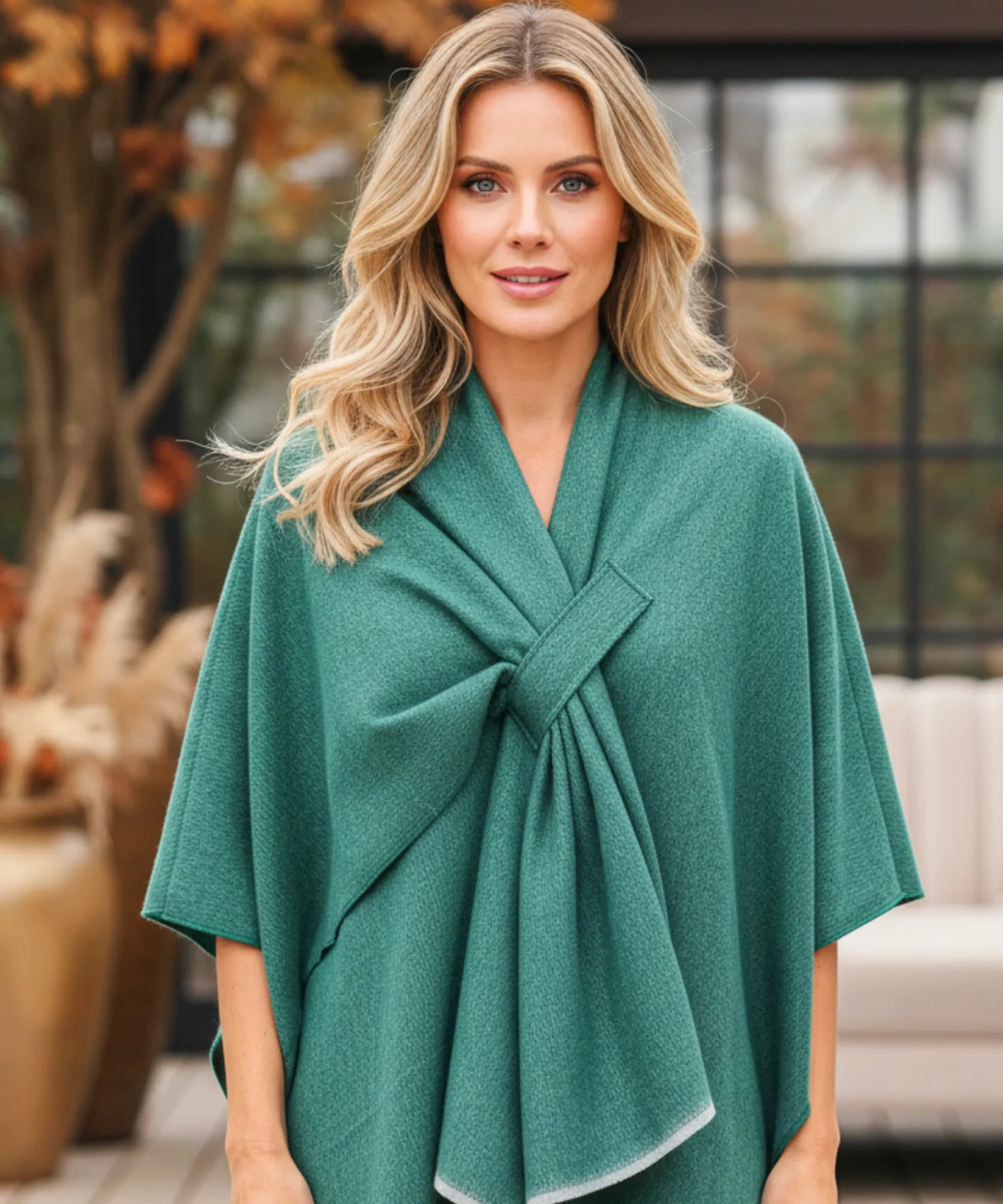 Women's sage green convertible shawl poncho, front view