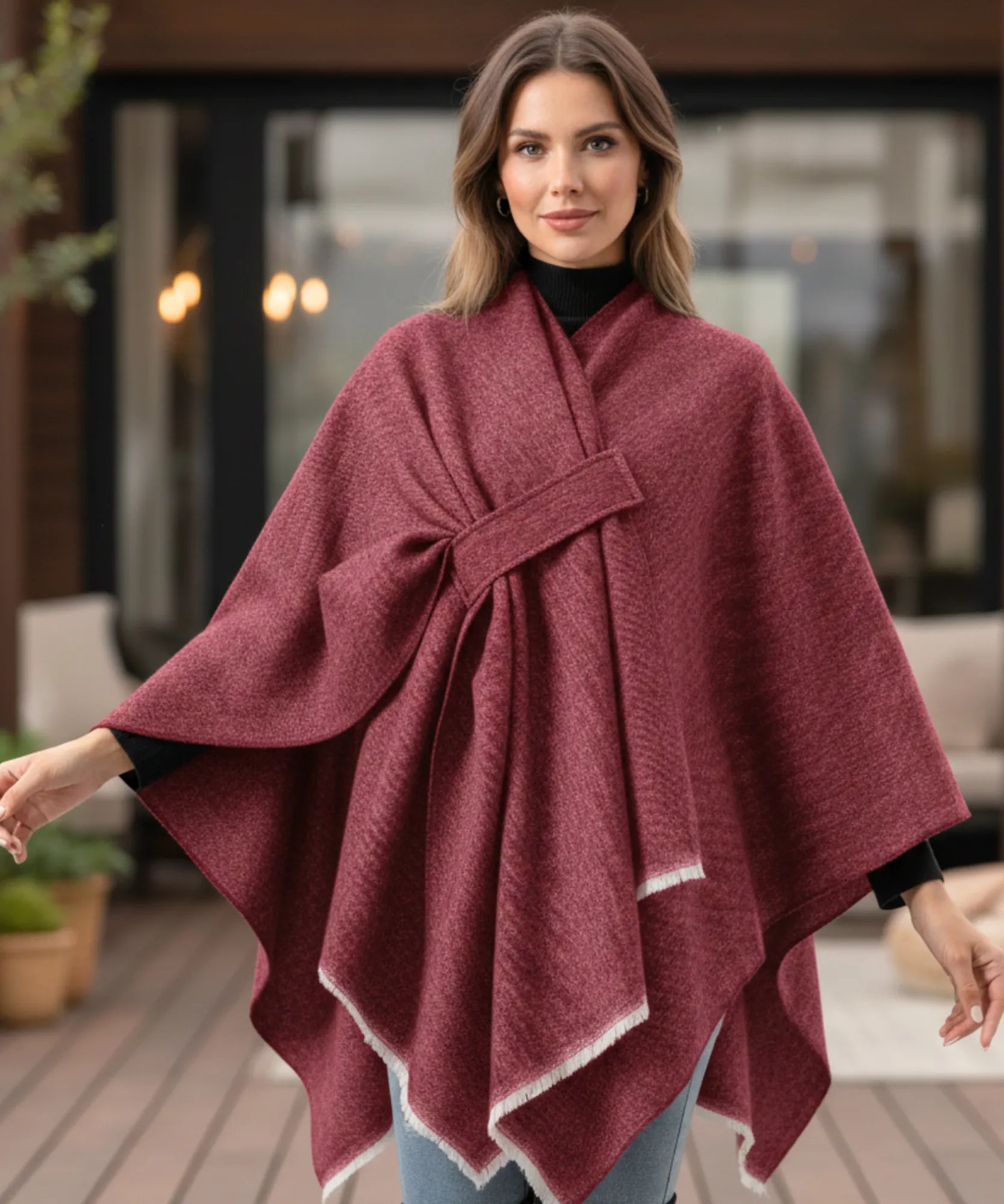 Women's burgundy convertible shawl poncho, front view