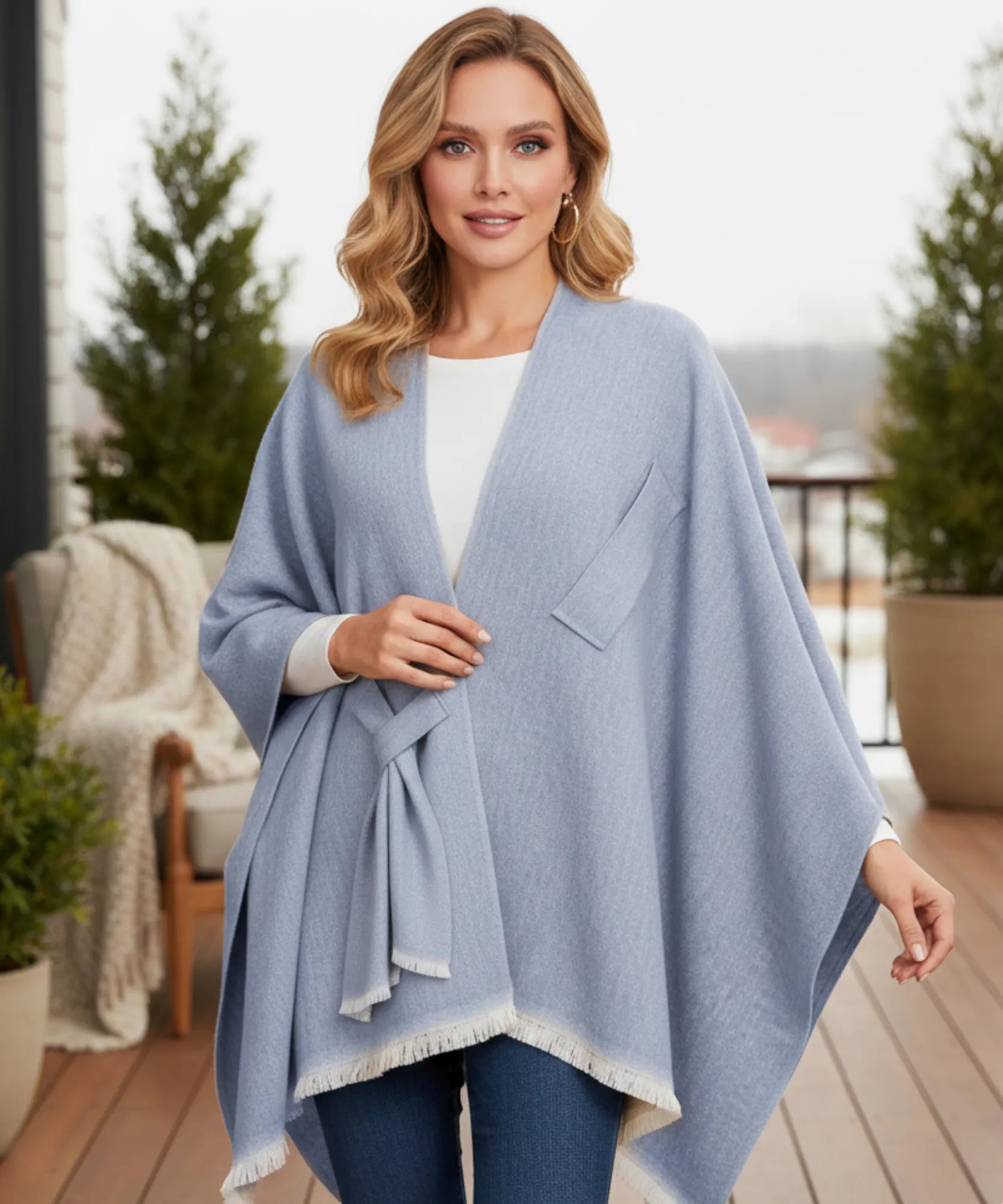 Women's periwinkle convertible shawl poncho, front view