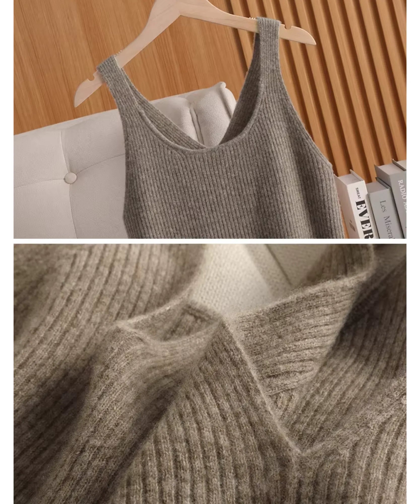 Women's ribbed tank top in taupe on a hanger with a texture close-up