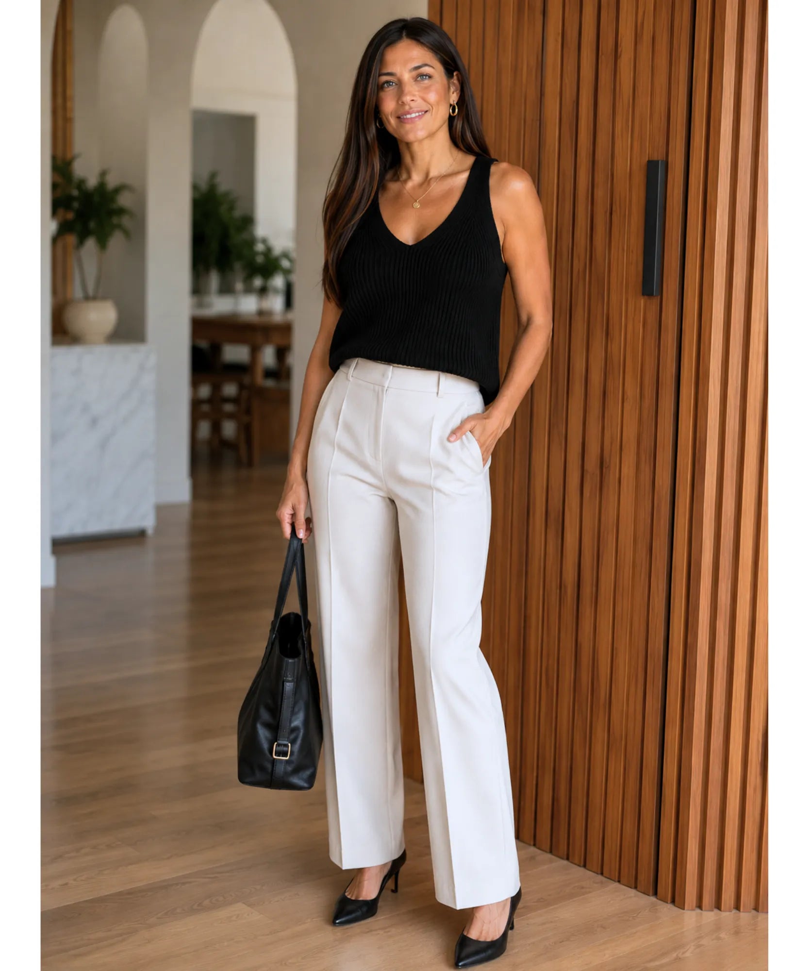 Women's ribbed tank top in black with ivory wide-leg trousers and a black tote
