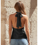 Comprar regata feminina de cetim frente única preto com decote drapeado e amarração nas costas para looks sofisticados e sociais barato ANELLIMN