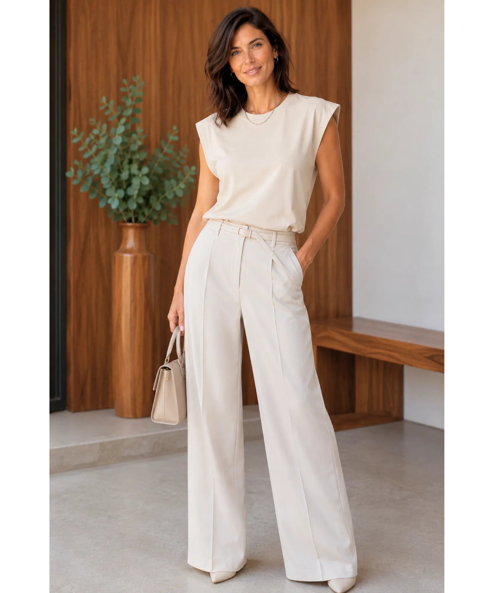 Women's cap sleeve top in ivory with ivory wide-leg trousers