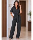Women's black jumpsuit with short sleeves and relaxed leg, full length