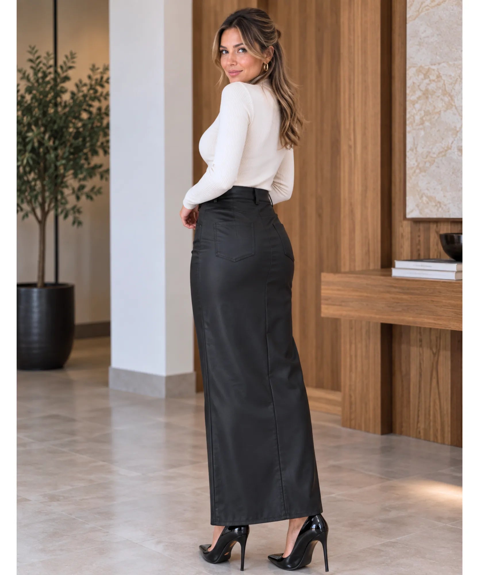 Women's black long vegan leather skirt, back view