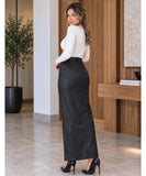 Women's black long vegan leather skirt, back view