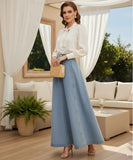 Women's High Waist Denim Maxi Skirt with Button Front and A-Line Flare | Ioná