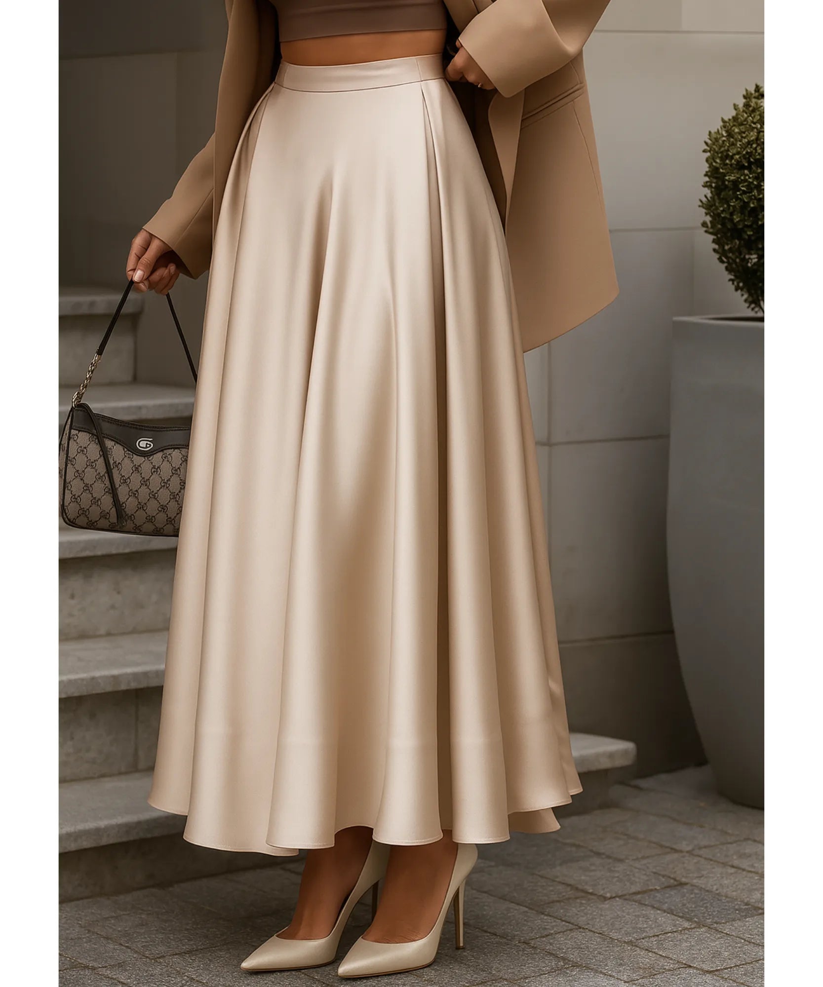 Comprar saia longa cetim feminina bege cintura elástica fluida elegante casual barato em promoção ZARA
