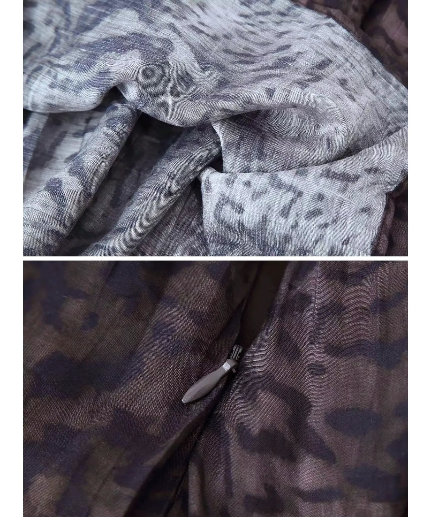 Close-up of the marbled print fabric and lining of a midi skirt