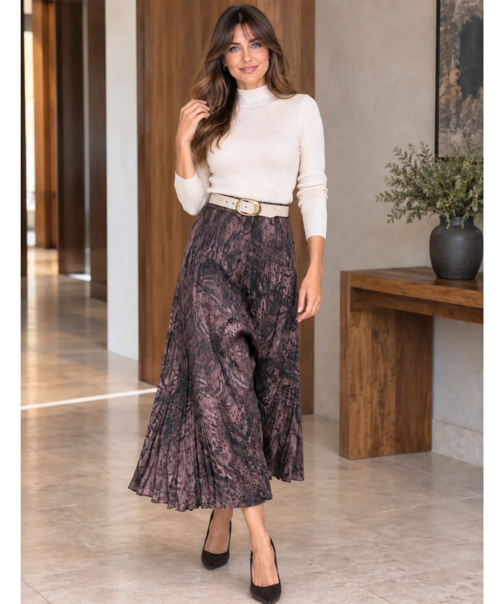 Women's brown marble print midi skirt with a belt, full length view