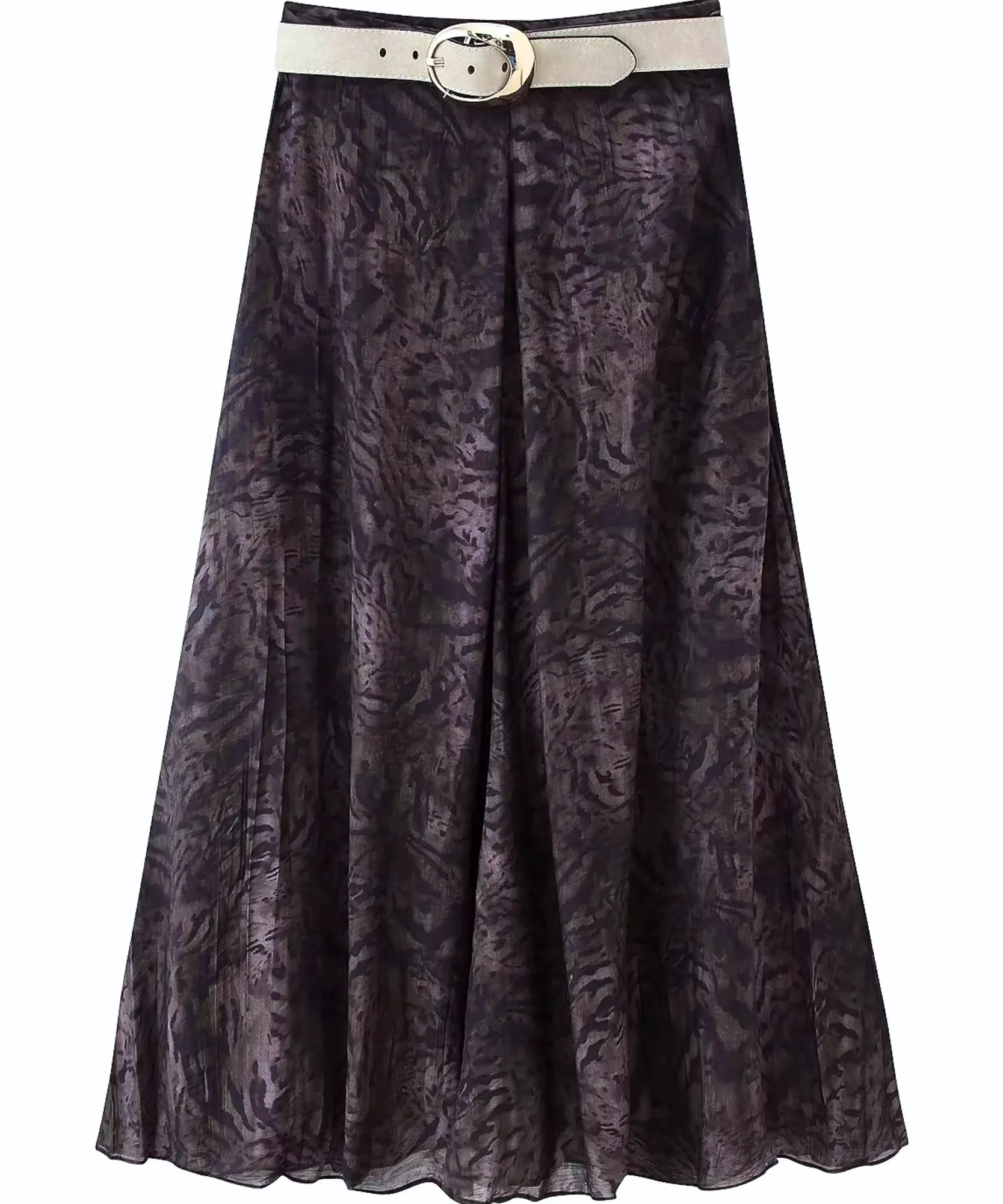 Women's brown marble print midi skirt, flat lay