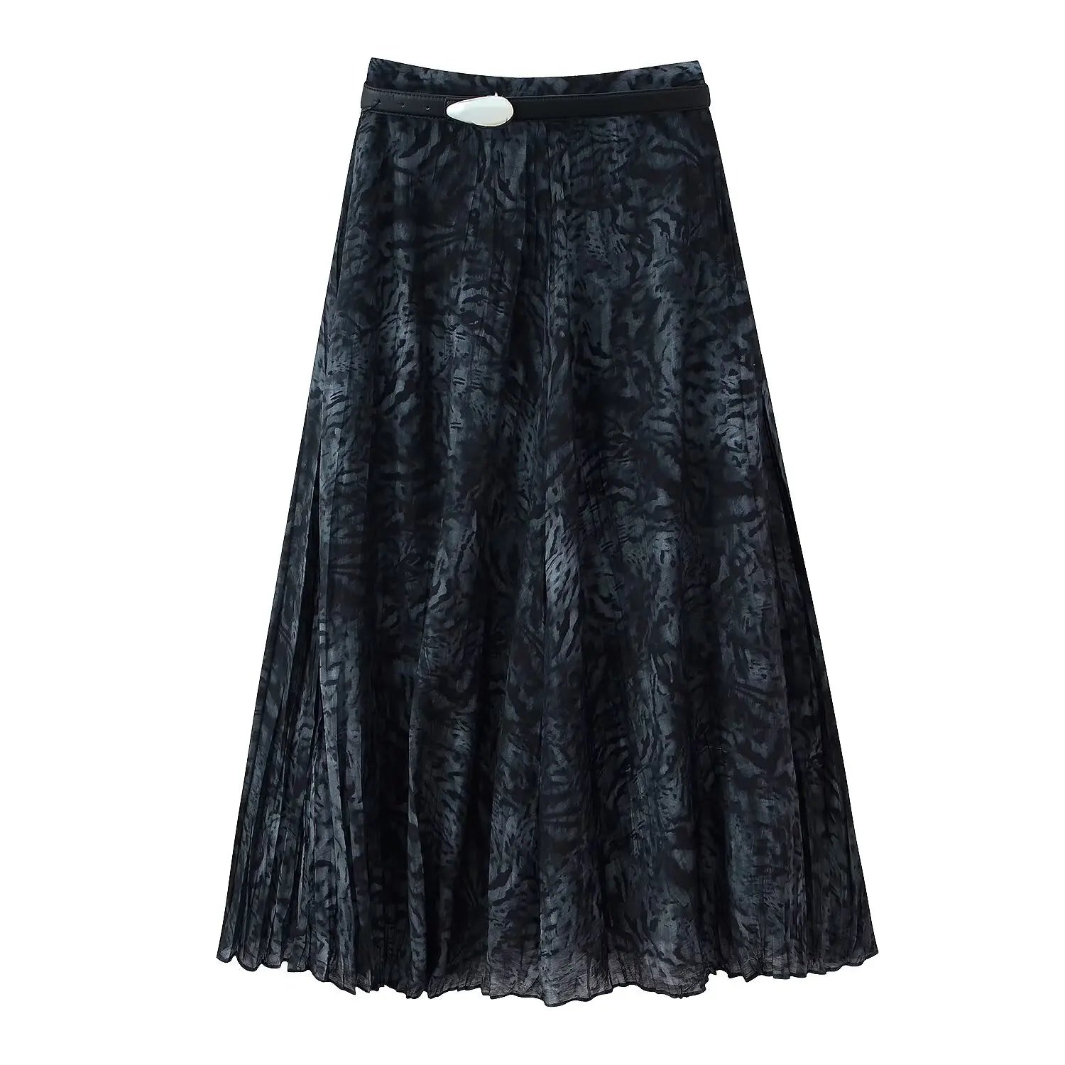 Women's black marble print midi skirt, flat lay