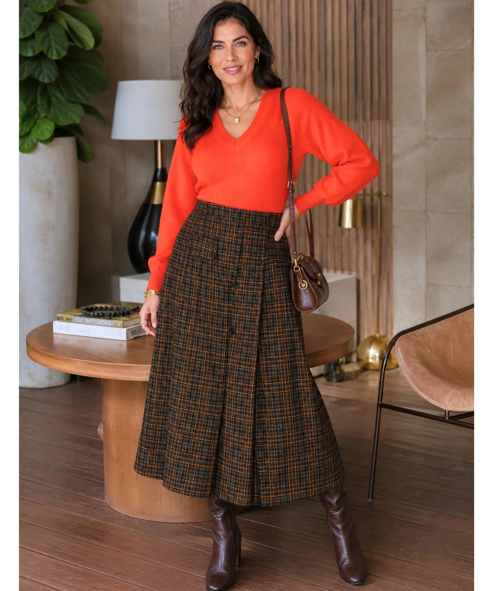 Women's brown plaid midi skirt, side profile