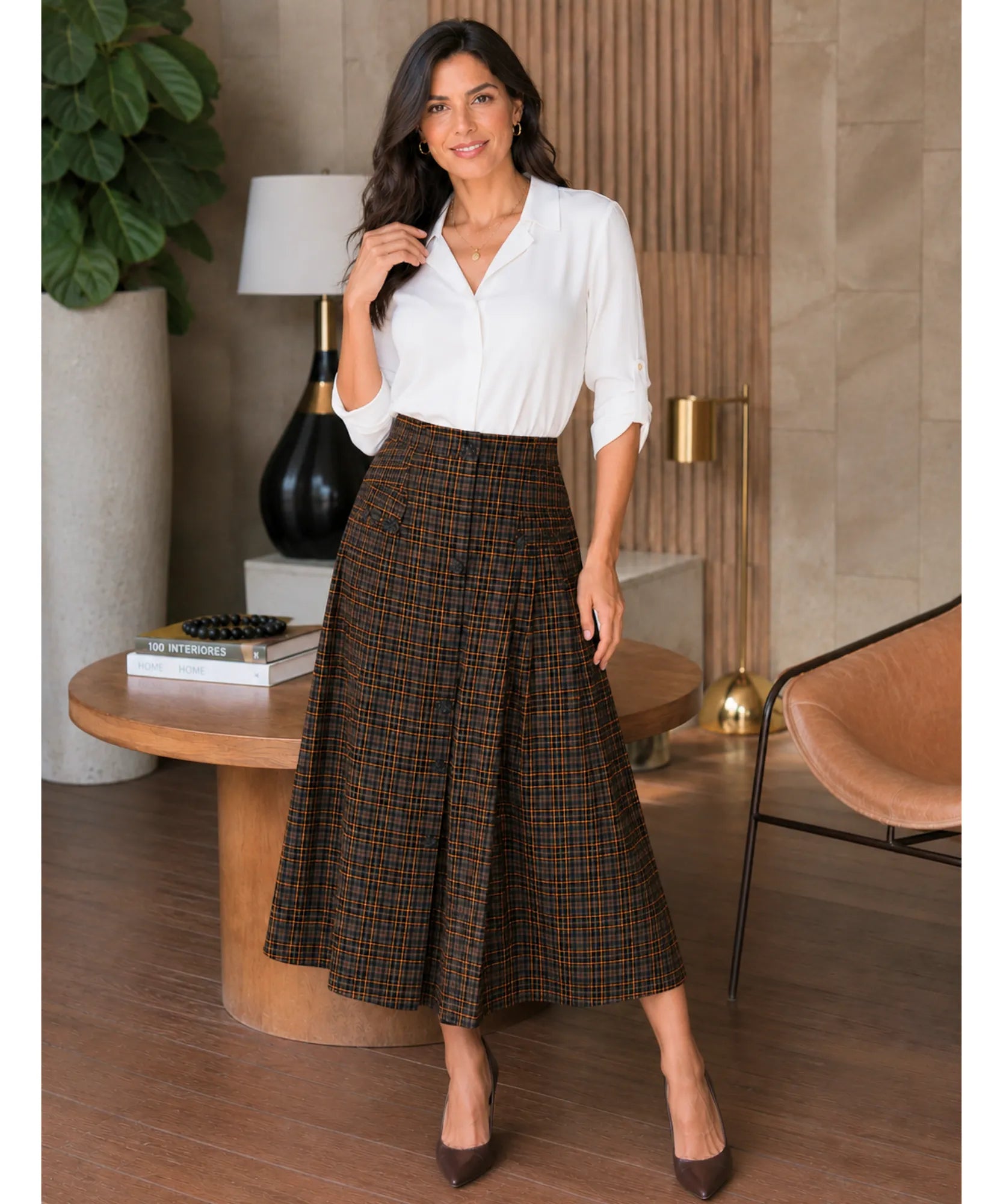 Women's brown plaid button-front midi skirt, back view