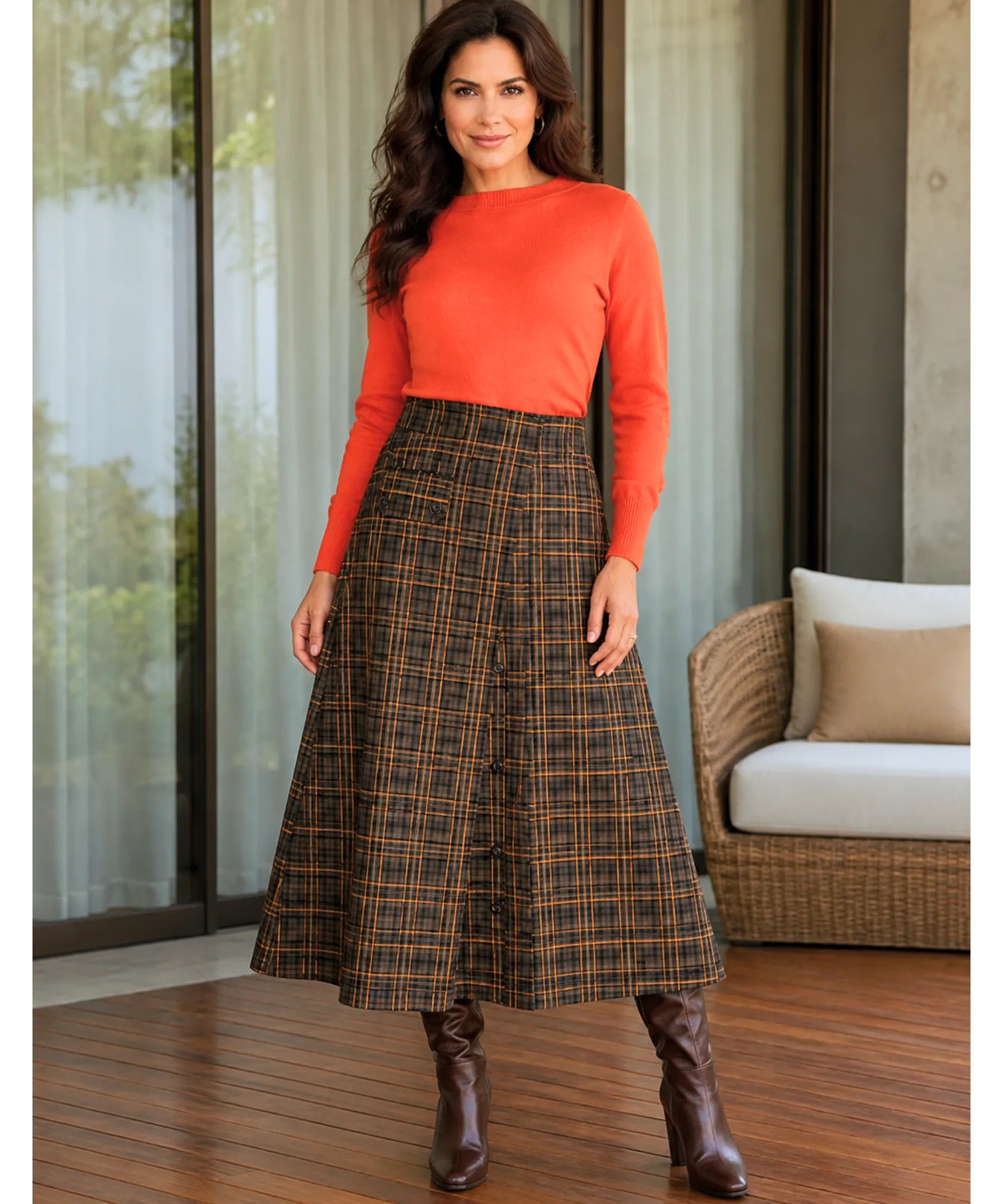 Women's brown plaid midi skirt, button and fabric detail close-up