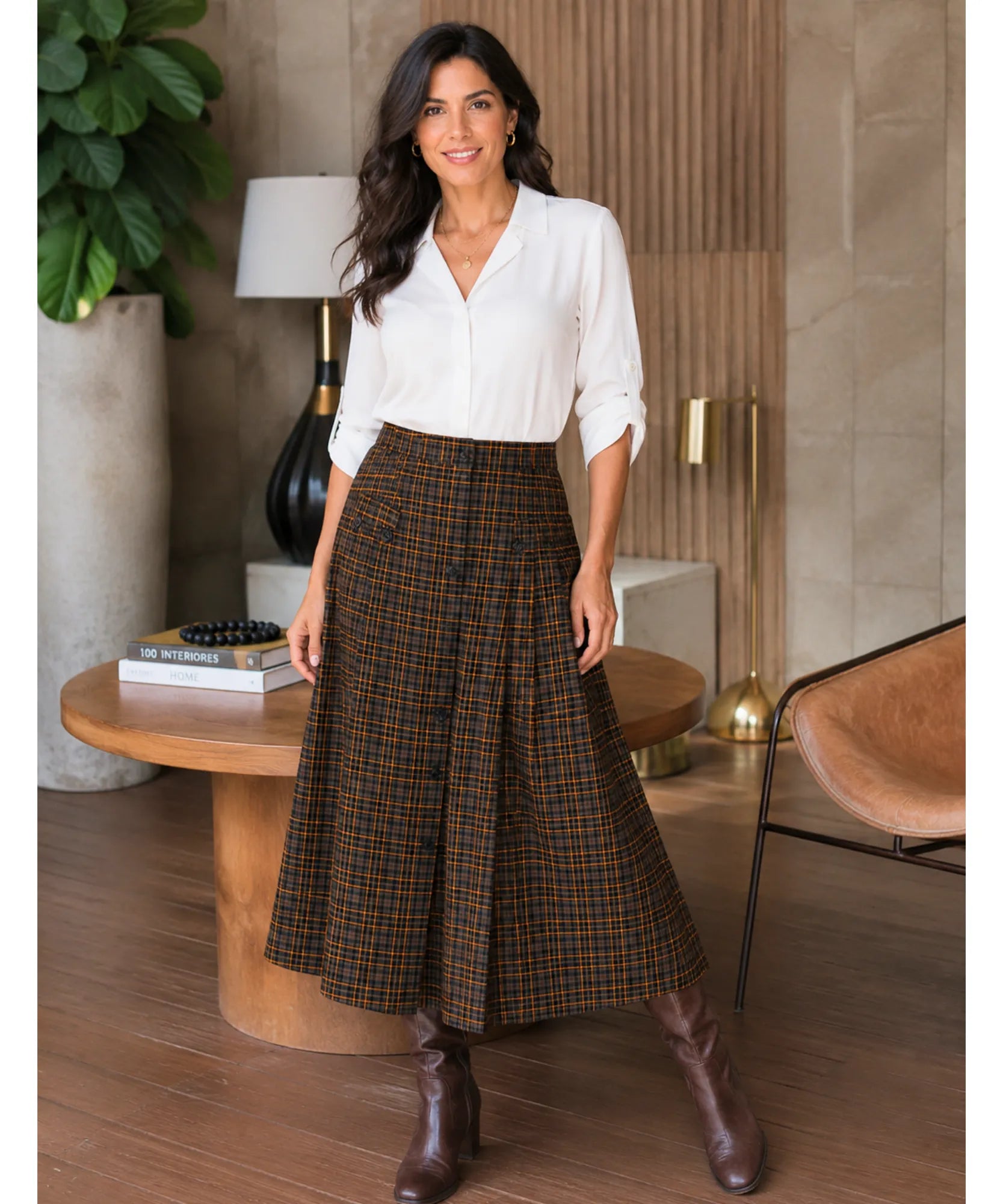 Women's brown plaid midi skirt, waist and pocket detail