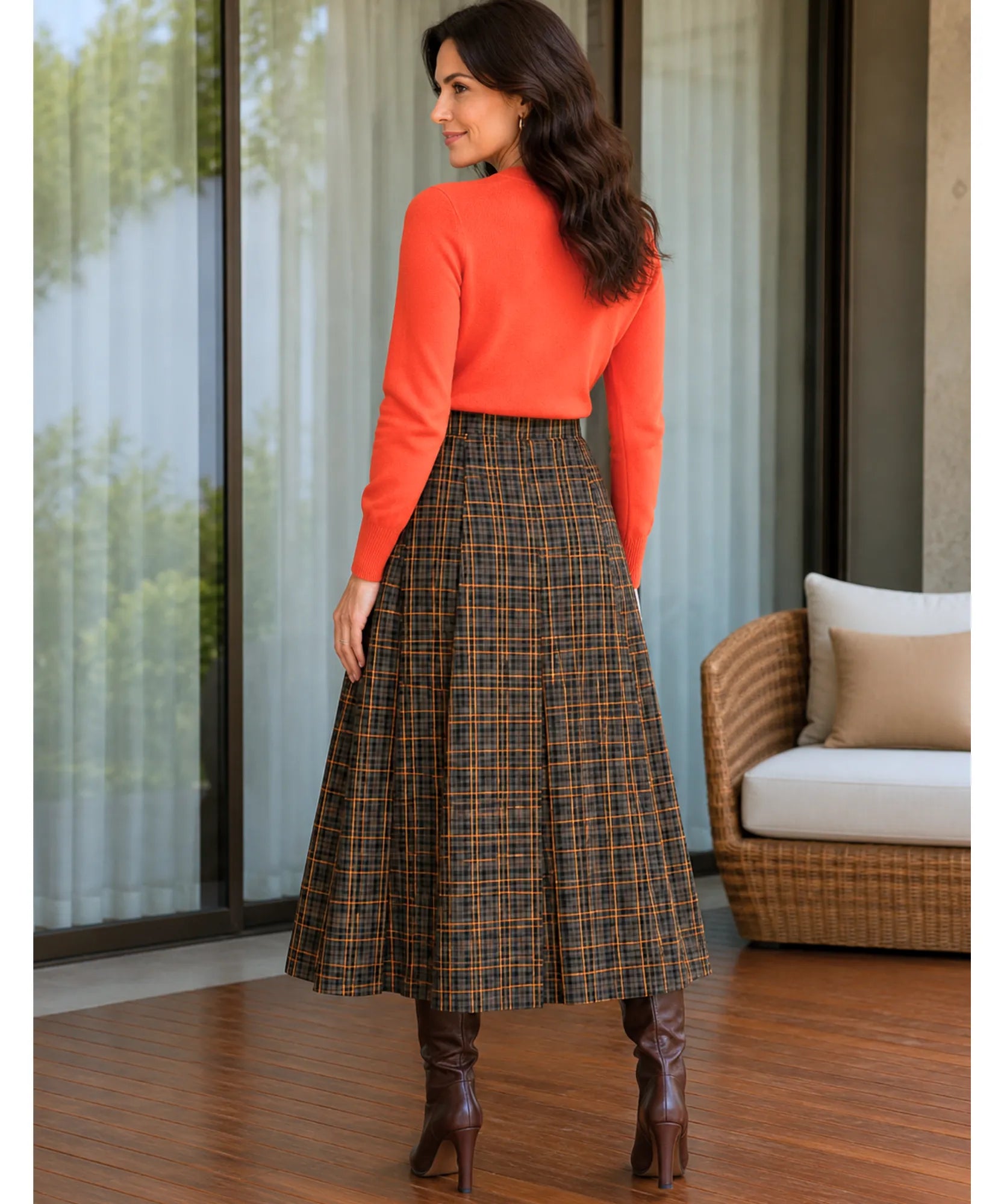 Women's brown plaid button-front midi skirt, side view