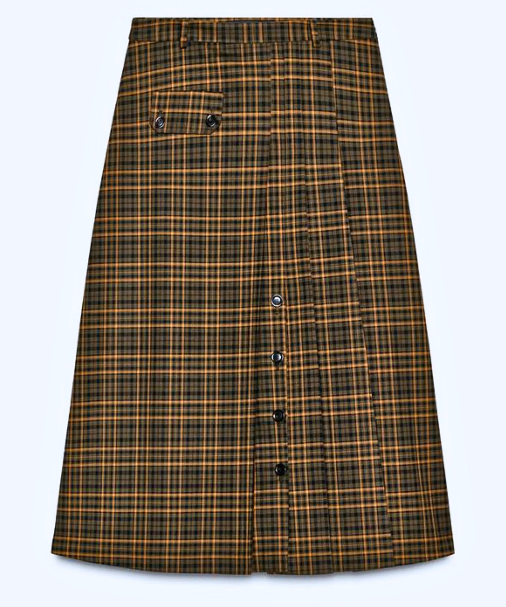 Women's brown plaid midi skirt, fabric weave detail