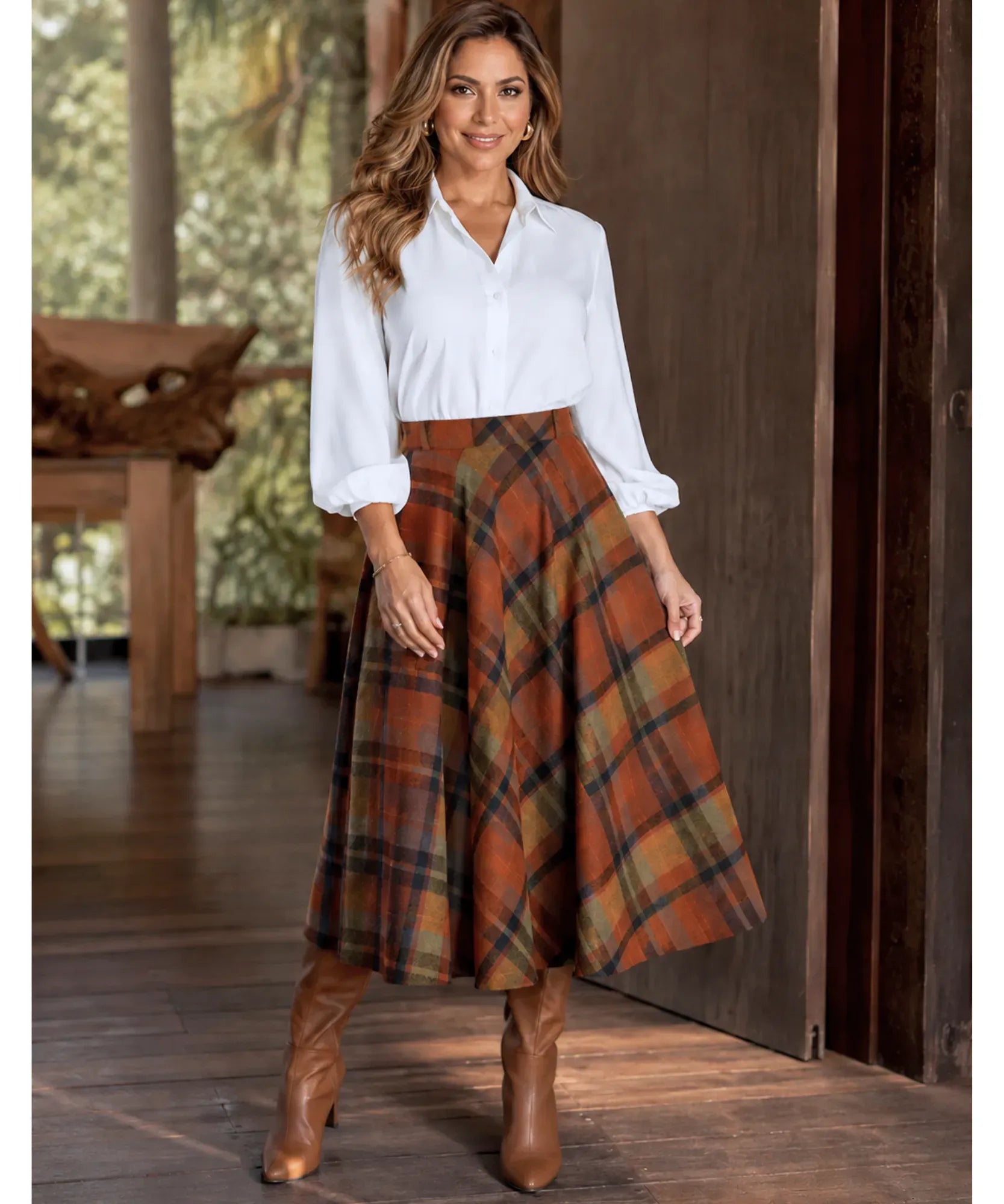 Women's terracotta wool plaid midi skirt, close-up of plaid pattern