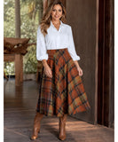 Women's terracotta wool plaid midi skirt, close-up of plaid pattern