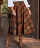 Women's terracotta wool plaid A-line midi skirt, back view