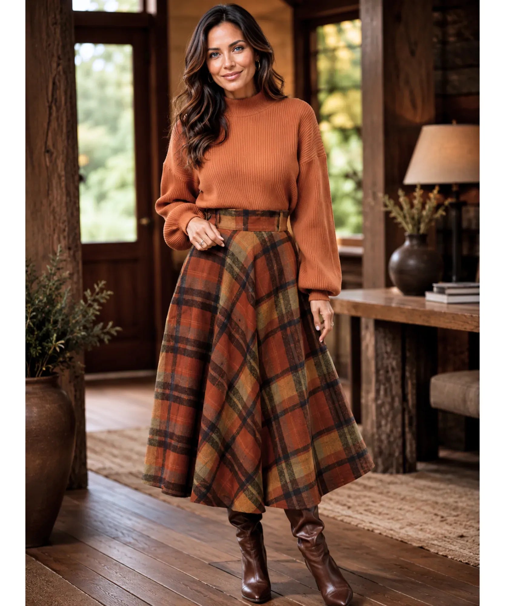 Women's terracotta wool plaid midi skirt, waist detail