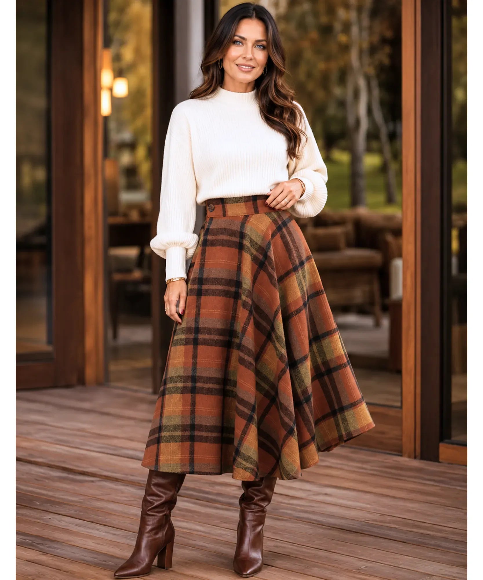 Women's terracotta wool plaid A-line midi skirt, movement and flare detail