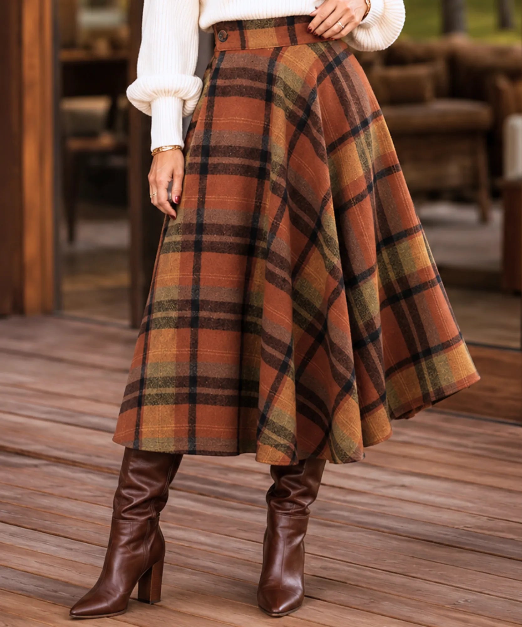 Women's terracotta wool plaid A-line midi skirt, front view
