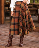 Women's terracotta wool plaid A-line midi skirt, front view
