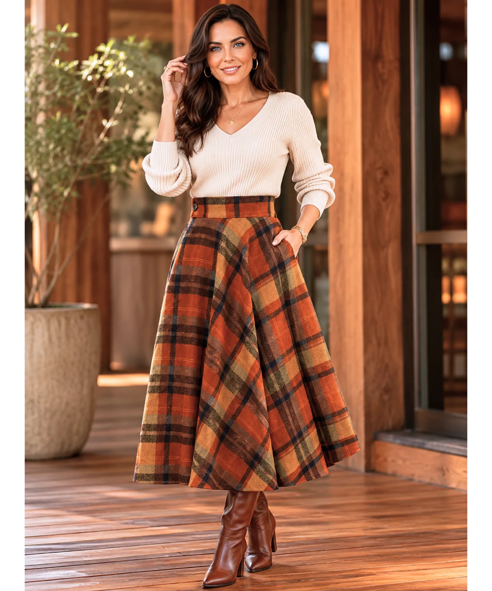 Women's terracotta wool plaid midi skirt, fabric weave detail