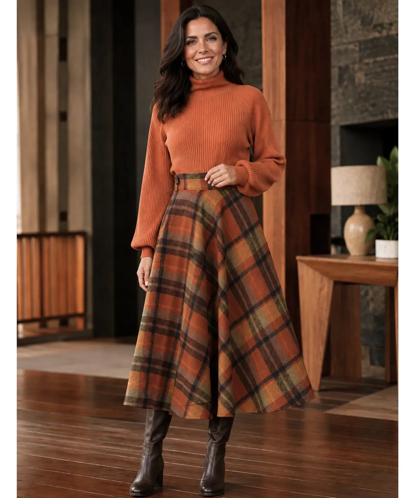 Women's terracotta wool plaid midi skirt, full outfit styled look