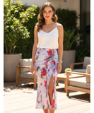 Women's Floral Satin Midi Skirt with Ruched Front Slit | Mary