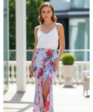 Women's Floral Satin Midi Skirt with Ruched Front Slit | Mary