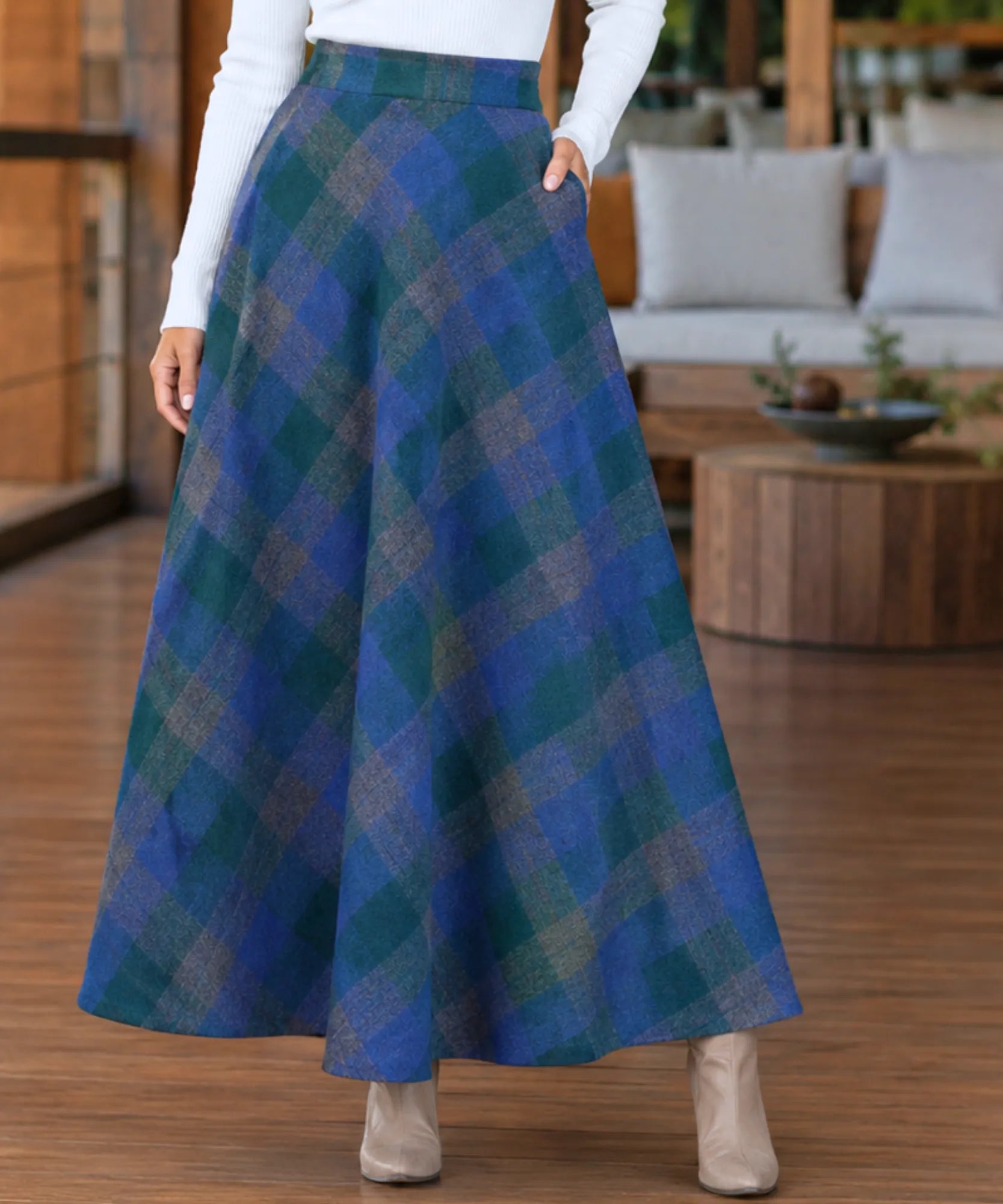 Women's blue plaid wool maxi skirt, front view