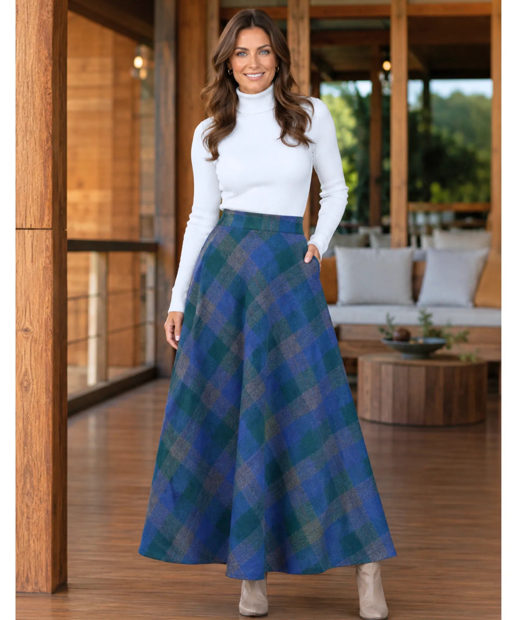Women's blue plaid wool maxi skirt, movement and flare detail