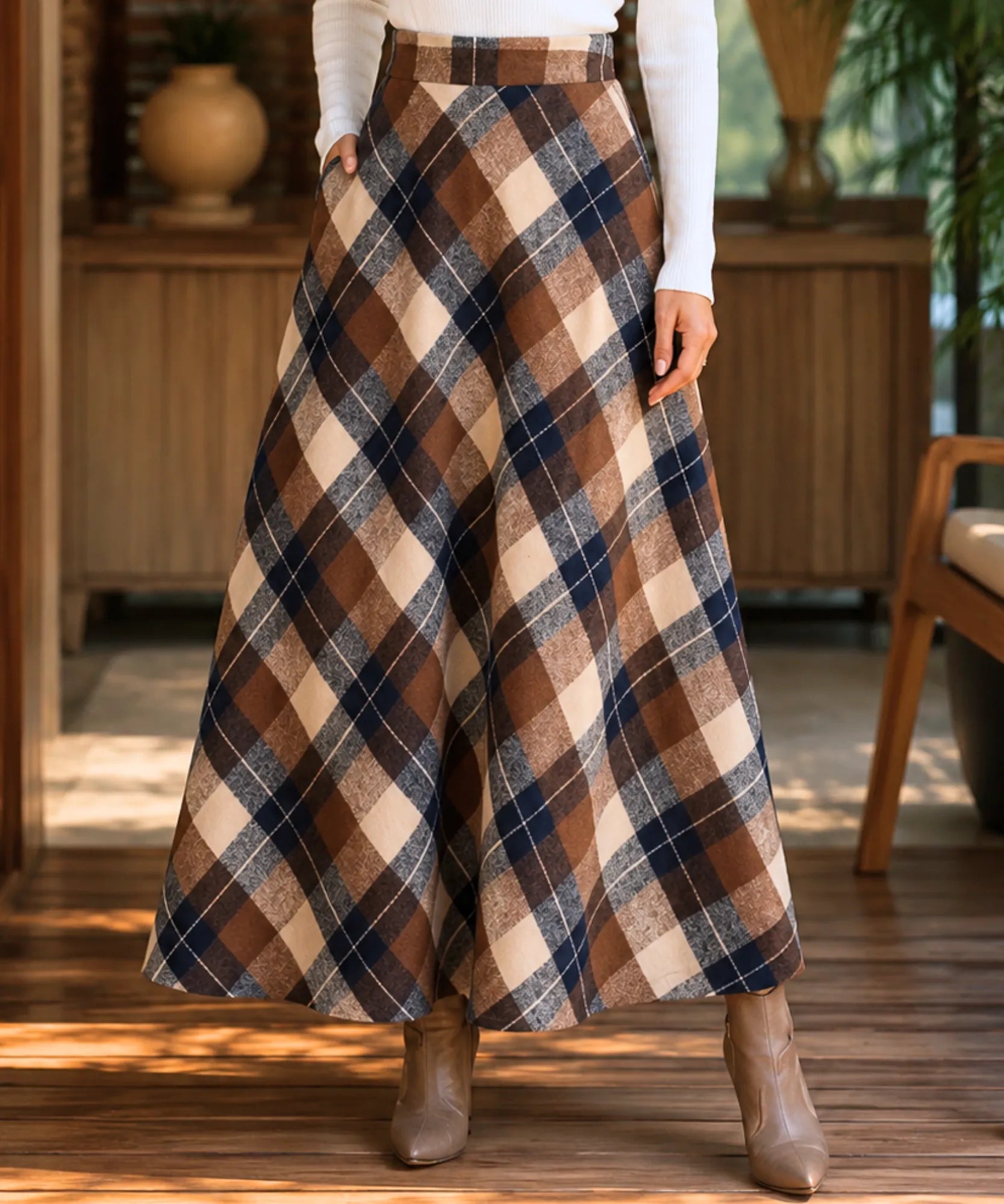 Women's camel plaid wool maxi skirt, side view