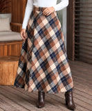 Women's camel plaid wool maxi skirt, front view