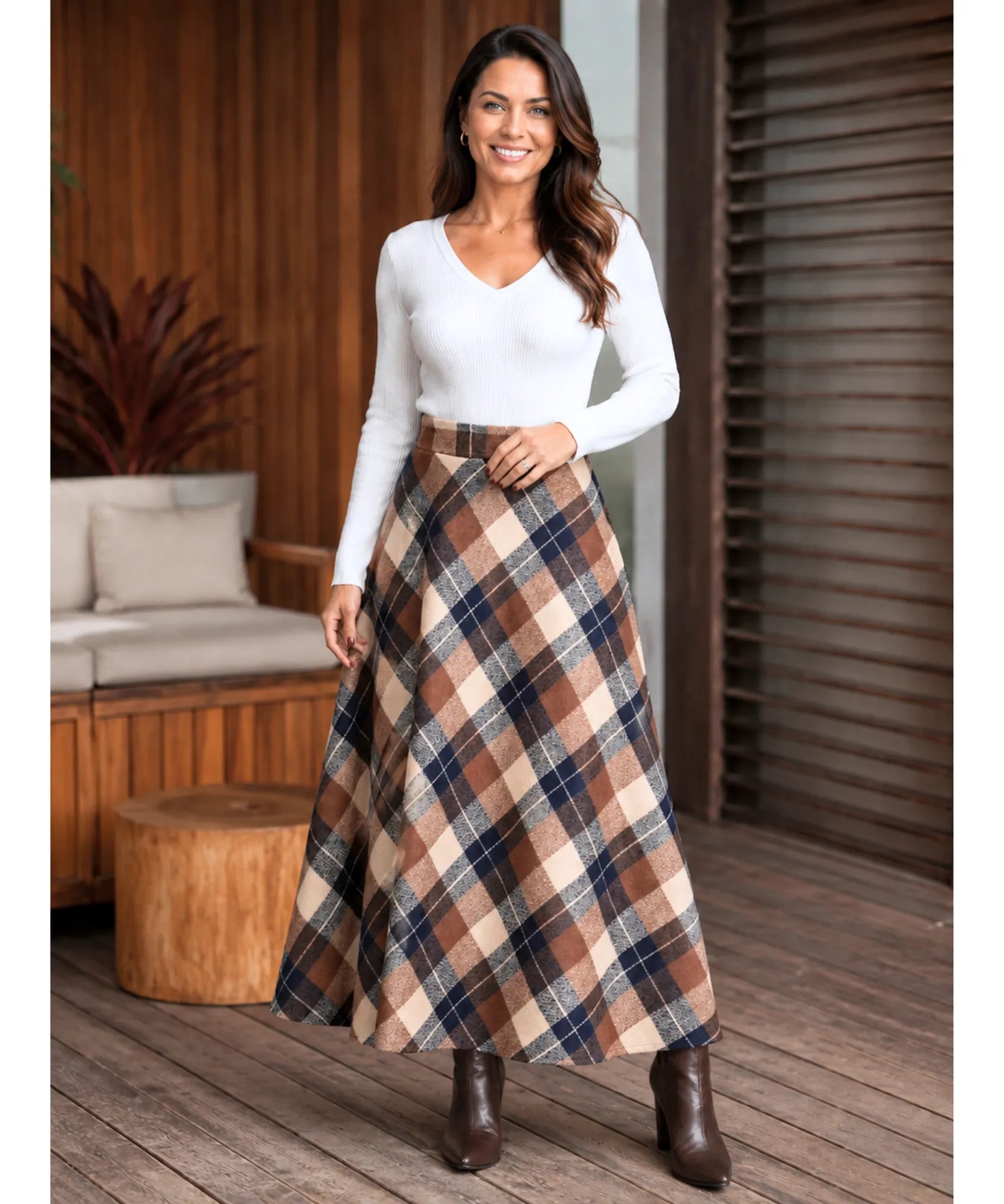 Women's camel plaid wool maxi skirt, fabric and plaid detail