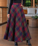 Women's burgundy plaid wool maxi skirt, front view