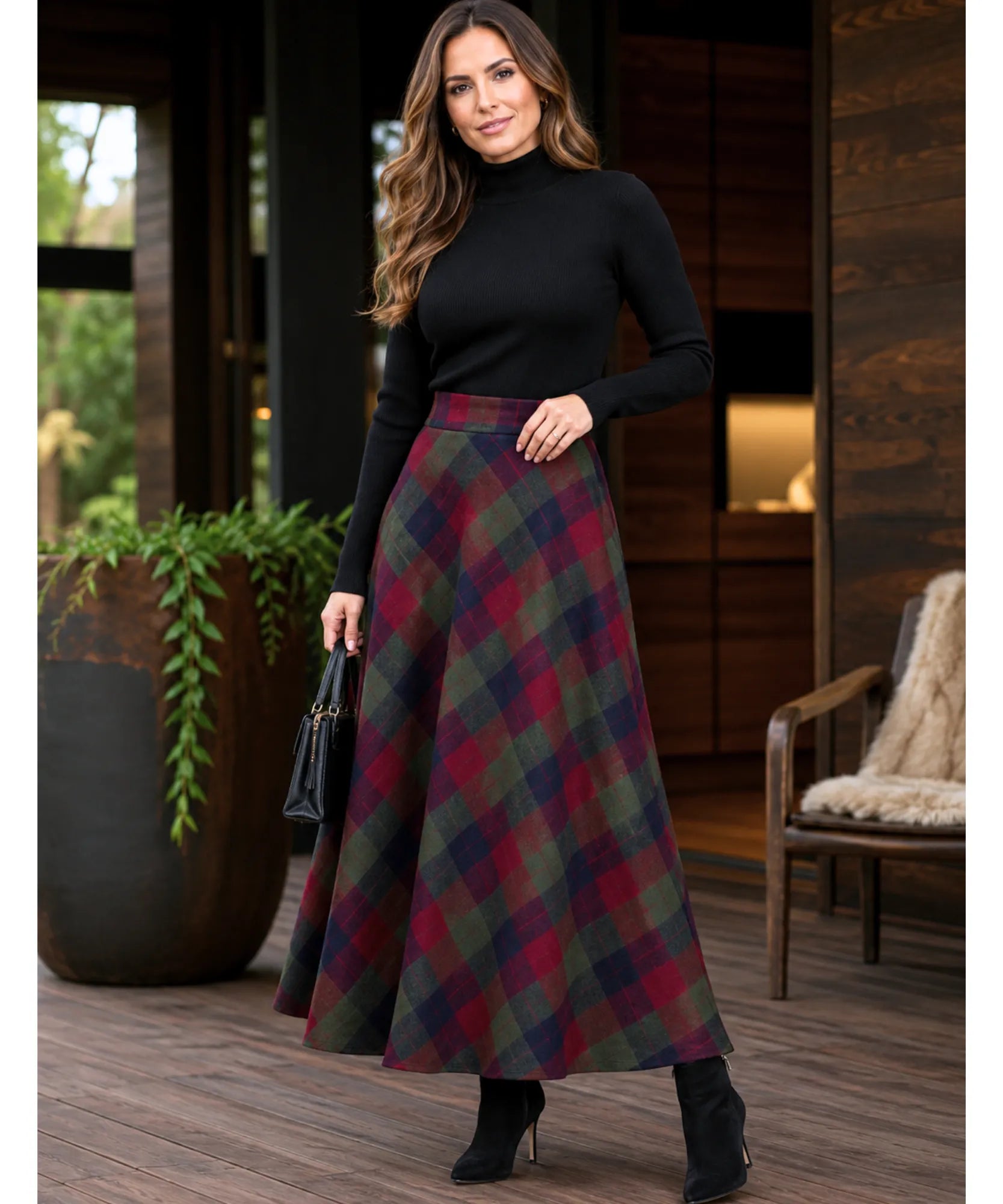 Women's burgundy plaid wool maxi skirt, side view