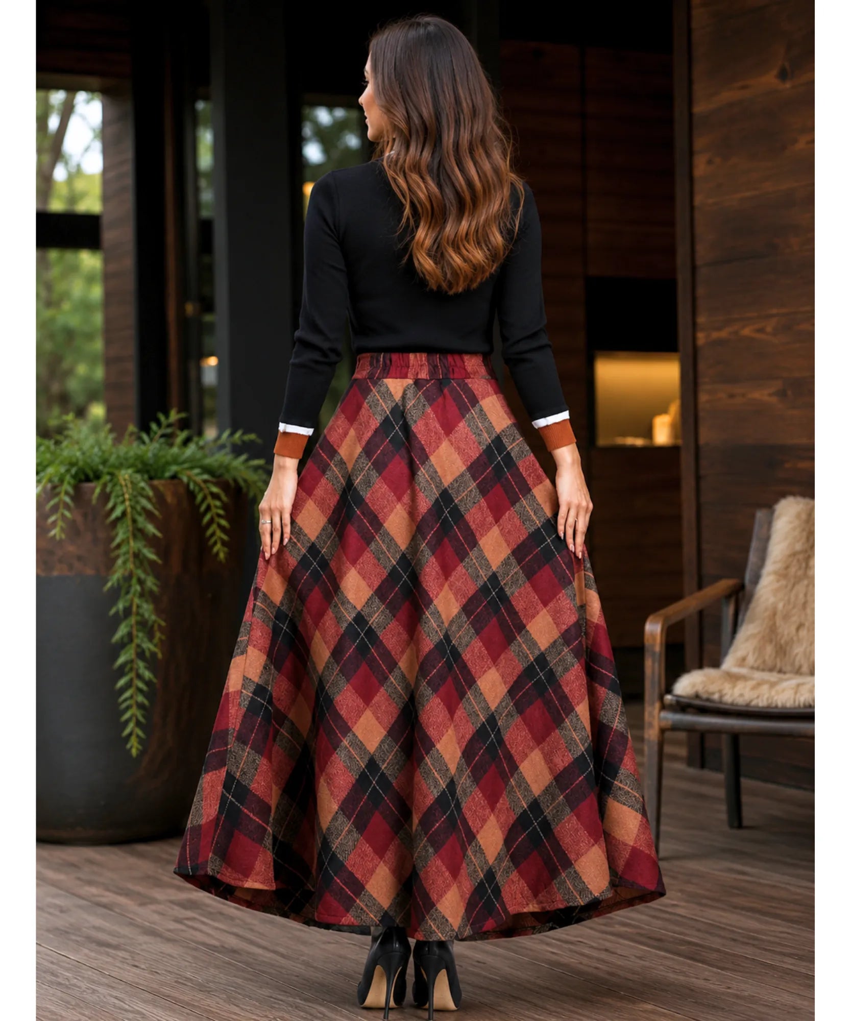 Women's red plaid wool maxi skirt, side view