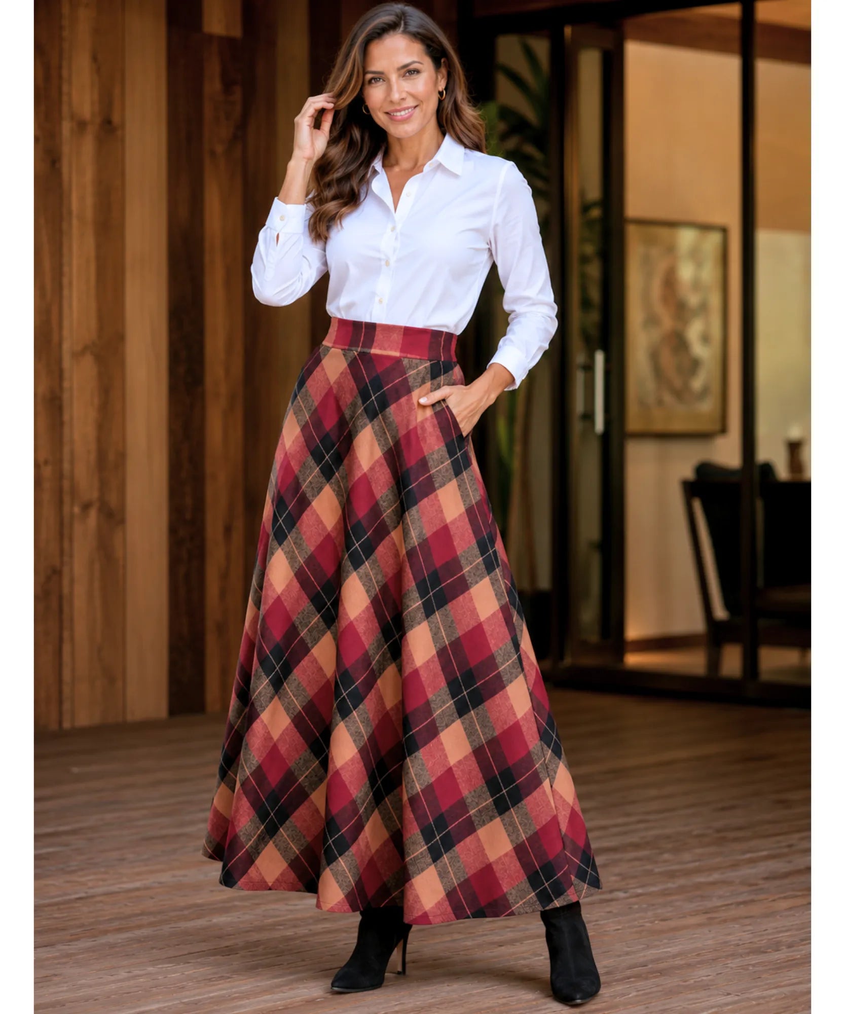 Women's red plaid wool maxi skirt, fabric detail