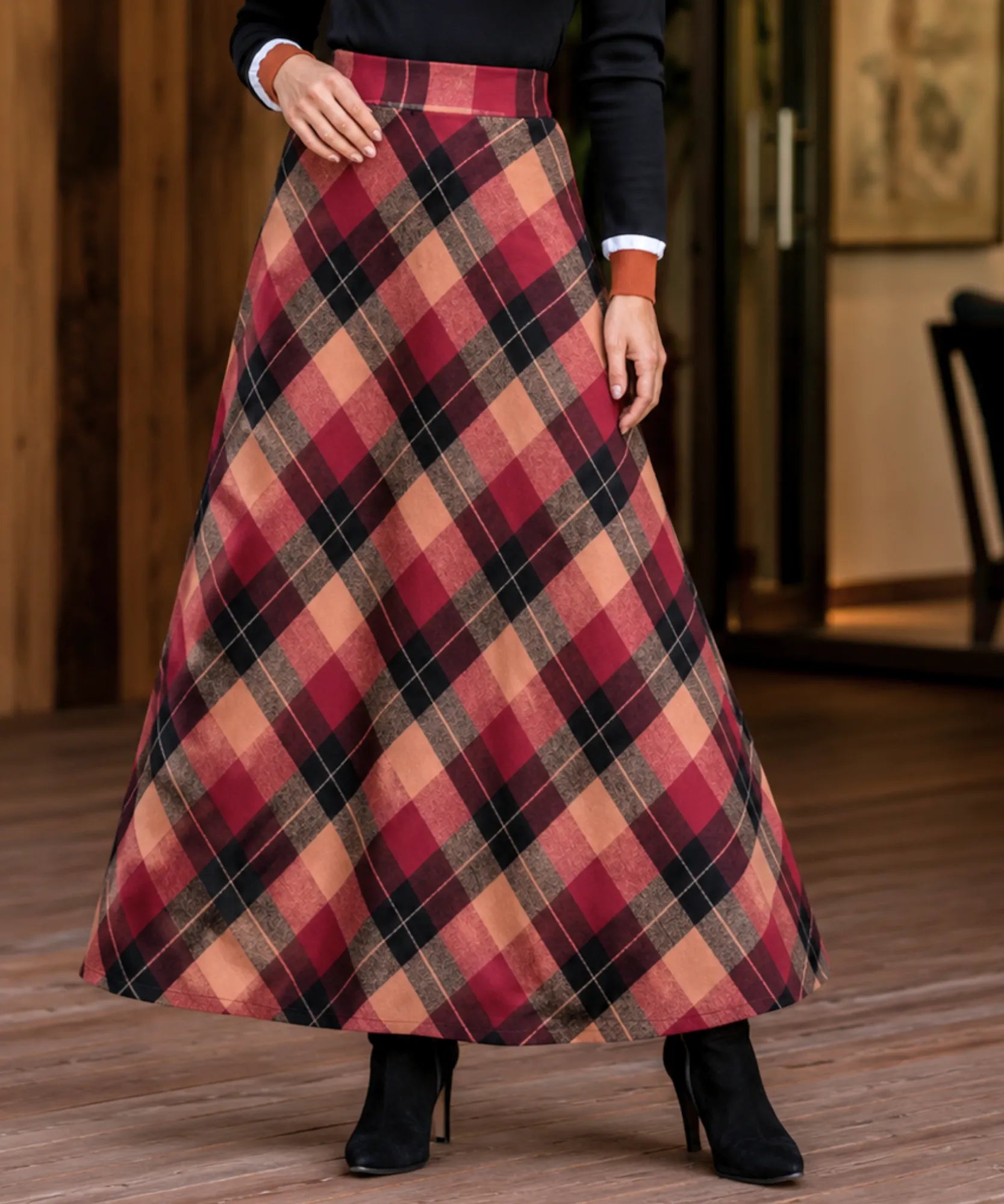 Women's red plaid wool maxi skirt, front view