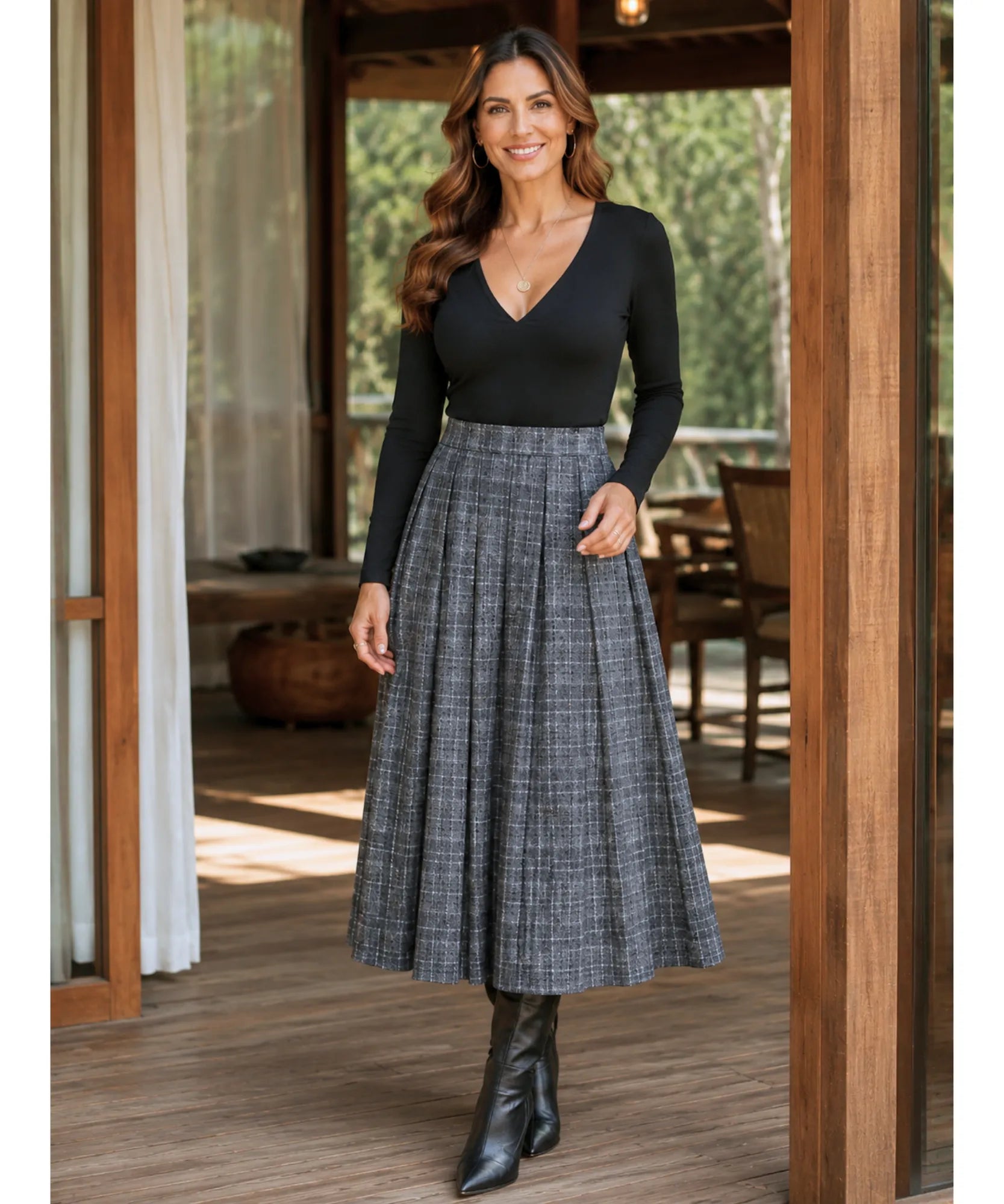 Women's grey plaid pleated wool midi skirt, full outfit styled look